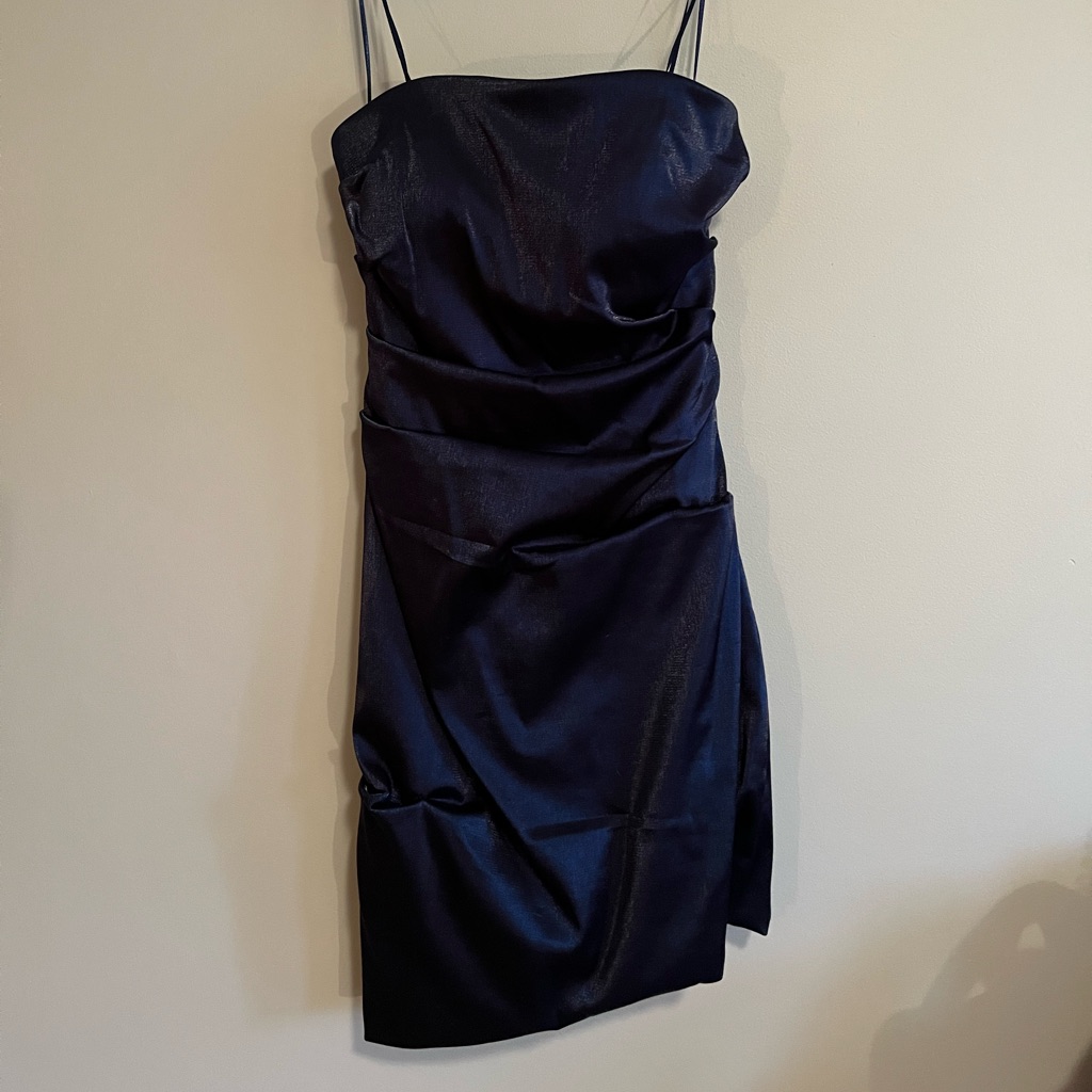 La Femme - Blue Strapless Asymmetrical Hem Body On Dress